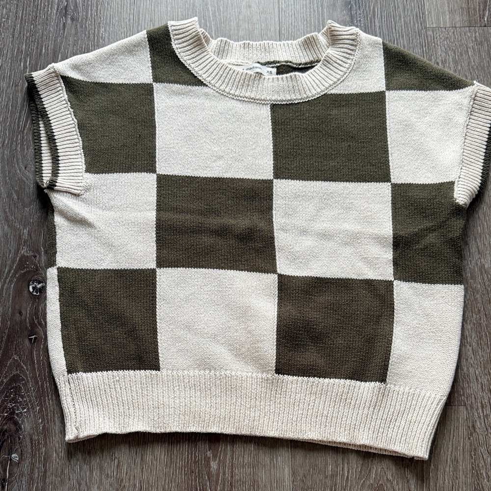 Moon & Madison Checkered Knit Sweater - Cream and Olive Green NWOT XS